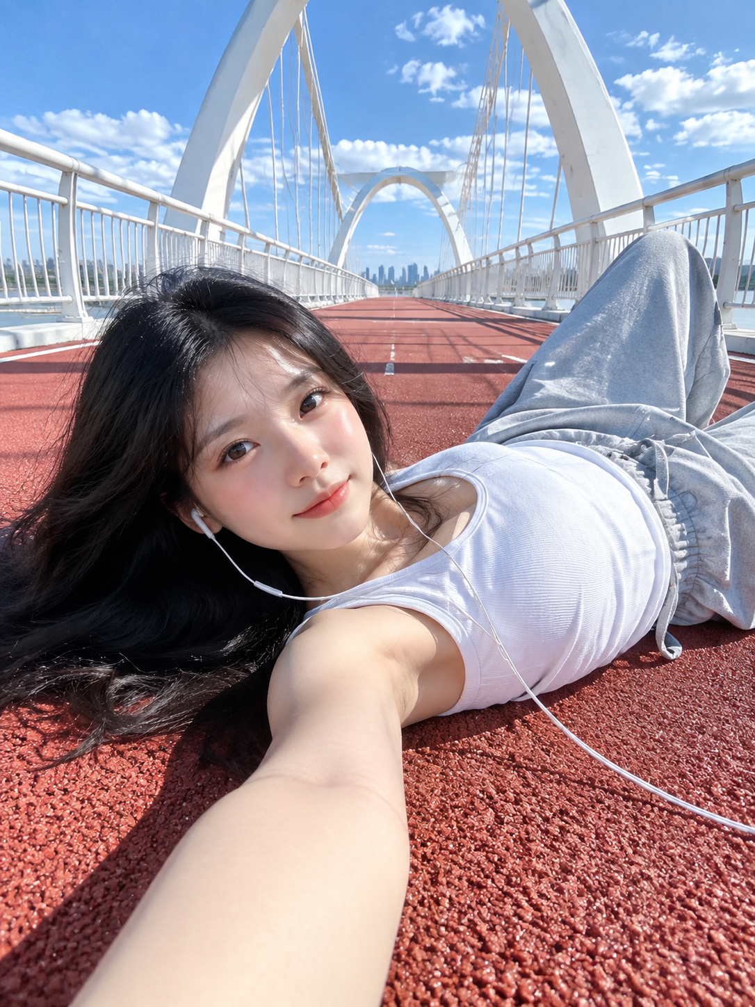 白色拱桥红色跑道上的超广角仰拍自拍