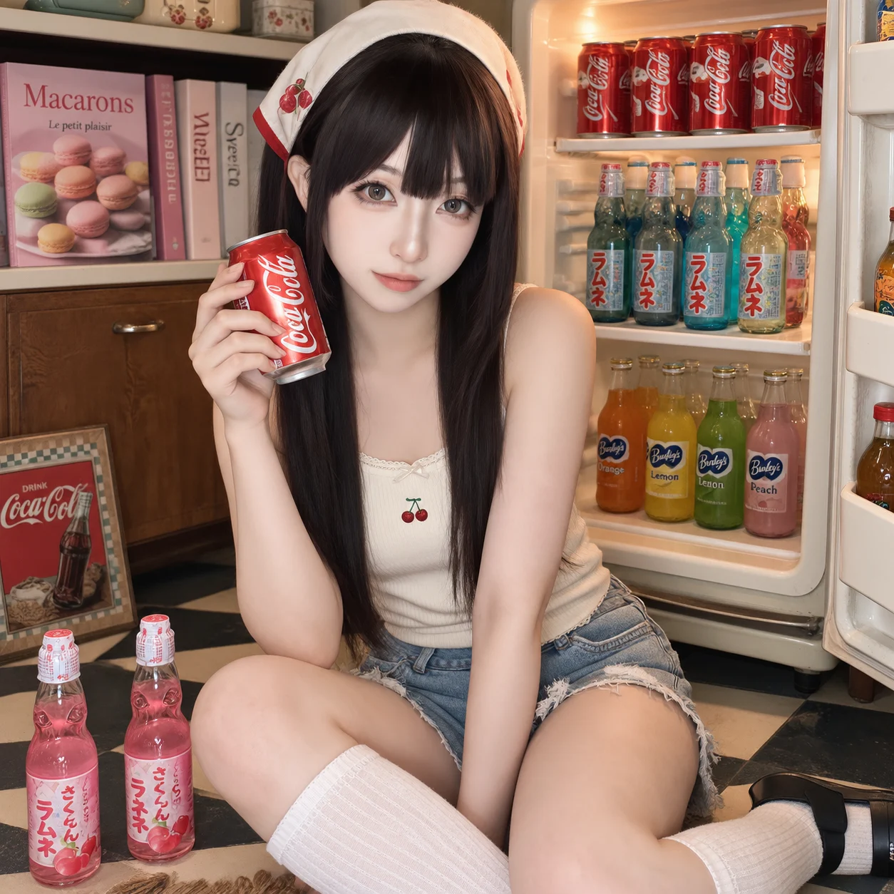 女子坐在地板上准备喝可乐