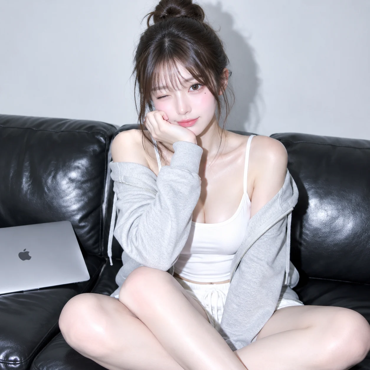 沙发上的韩系俏皮眨眼肖像