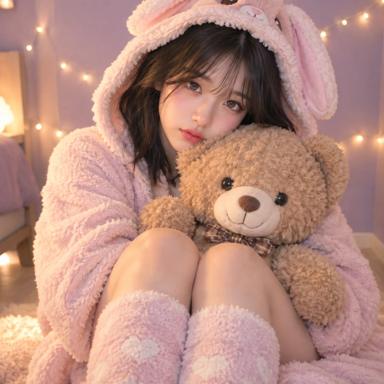 淡桃粉色宽松毛绒睡衣女孩